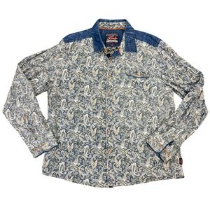Fresh Brand Mens Paisley Button Down Shirt 2XL Blue Green Denim Contrast Yoke
